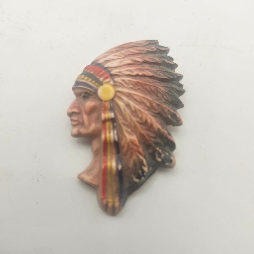 Vintage Native American Chief Headdress Brooch Pin Western Warrior Profile Art
